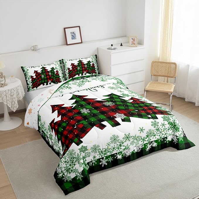 Castle Fairy Christmas Full Size Comforter Set,Pine Trees Green Snowflake Glitter Shiny Bedding Comforters Bedroom Collection,Winter Festival Plaid Checkered Bedding Set for Girls Teens