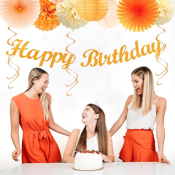 Orange-Peach Beige First Happy-Birthday Party-Decorations - 31pcs 20th Women Girls Bohemian Groovy Paper Lanterns Streamers Banner,Tissue Pom Poms Decor,Fall Boho Fans Tassels Graland Backdrop Hugmoon