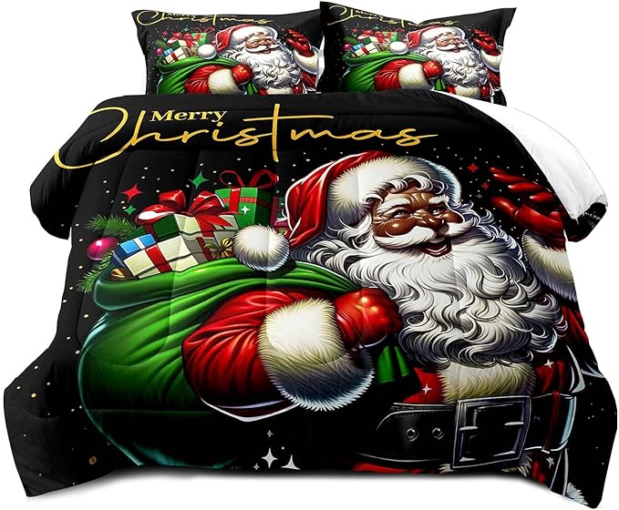 LUVIVIHOME Christmas Bedding, African American Black Santa Claus Comforter Set King Size, Winter Xmas Funny Merry Christmas Bedroom Decor for Kids Boys Girls Teens, Xmas Gifts, 2 Pillow Shams