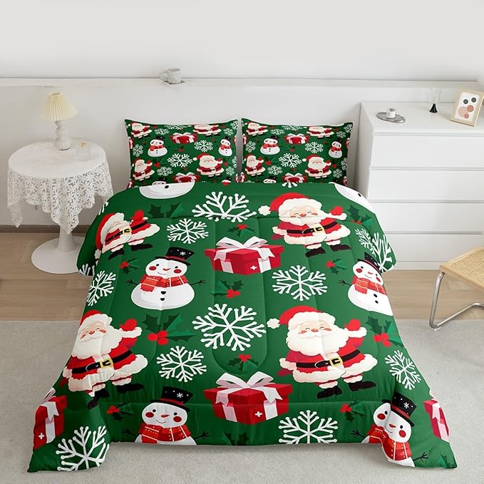 jejeloiu Merry Christmas Comforter Set Full Size Xmas Santa Claus Bedding Set for Kids Boys Girls Cute Snowman Duvet Quilt Green Bedroom Decor