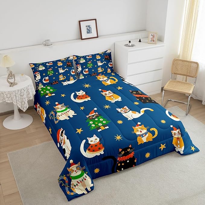 Erosebridal Merry Christmas Kids Cartoon Bedding Set Queen Size Cute Cat Comforter Set Xmas Tree Quilts for Teens Boys Girls Room Decor,Kawaii Animals Duvet Insert,Blue