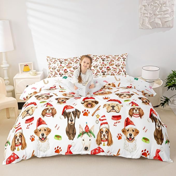 Christmas Kids Bedding Set Cartoon Puppy Dogs Xmas Theme Bedding Duvet Cover Set for Boys Girls New Year Decor Comforter Cover Set Animal Pattern Bedspread Cover Bedroom Quilt Cover 2Pcs Twin Size