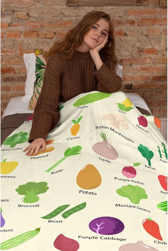 Thuswarm Colorful and Various Vegetables Flannel Blanket for Autumn Winter Gifts Warm Cozy Soft Funny Print Throw for Bed Couch Sofa 80”×60” Large for Adult