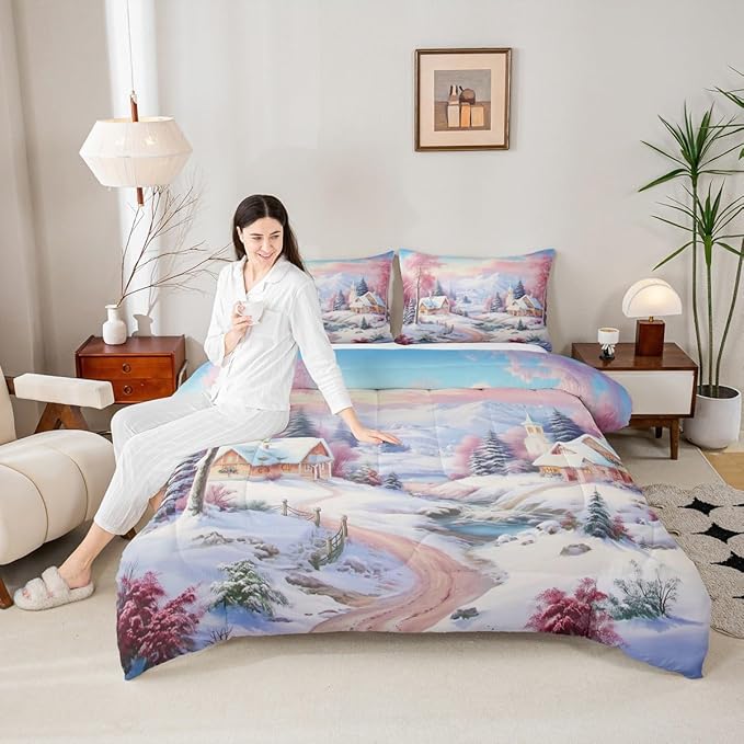 Feelyou Merry Christmas Kids Comforter Set Toddler Size Village Barn Bedding Set Winter Snowscape Duvet Quilt for Kids Boys Girls Bedroom Pine Tree Decor Microfiber Ultra Soft Breathable