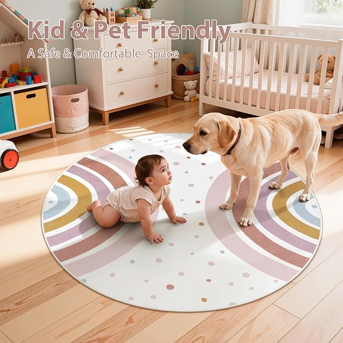 STARUIA Round Rainbow Nursery Rug, 5 Ft Washable Kids Rug for Playroom, Non-Slip Colorful Rugs for Classroom, Large Princess Rugs Soft Girls Bedroom Carpet for Kids Room Reading Nook