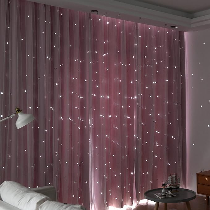 Kinryb Princess Curtains for Girls Bedroom with Sheer Overlay,Double Layer Curtain for Living Room with Star Cutout, Curtains for Kids Room (70 W*63 L Inches,2 Pcs Pink)