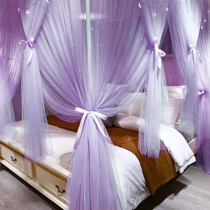 VETHIN 4 Corners Post Princess Bed Canopy Curtain Double Layer Cozy Drape Netting 4 Opening Mosquito Net for Girls & Adults Bedroom Decoration Accessories (Double Purple,59" W*82" L*82"*H/(Queen))