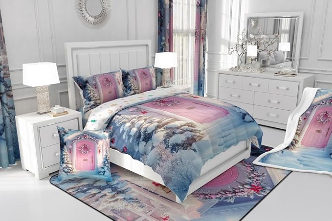 Feelyou Merry Christmas Kids Comforter Set King Size Winter Snowscape Bedding Set Pink Door Duvet Quilt for Kids Boys Girls Bedroom Garland Xmas Tree Decor Microfiber Ultra Soft Breathable