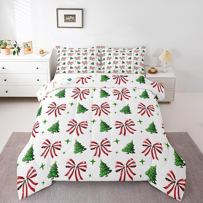 Manfei Merry Christmas Comforter Set Twin Size, Red Bow Green Tree Bedding Set 2pcs, New Year Theme Down Comforter for All Season, Kids Girls Room Decor, Lightweight Duvet Insert, 1 Pillowcase
