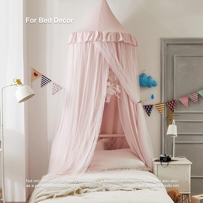 Bed Canopy for Girls, Double Layer Dome Mosquito Net Princess Canopy for Girls Bed Room Decor Reading Nook (Light Pink)