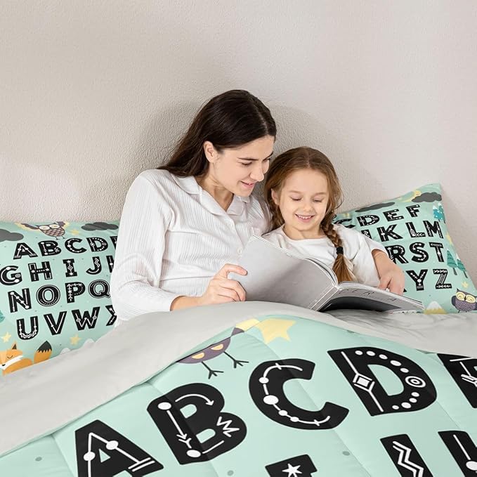 Feelyou Alphabet Kids ABC Learning Comforter Set All Season Cute Fox Bedding Set with 1 Pillow Cases Educational Nursery Art Microfiber Kids Twin Bedclothes Woodland Animals Bedroom Decor Duvet Quilt