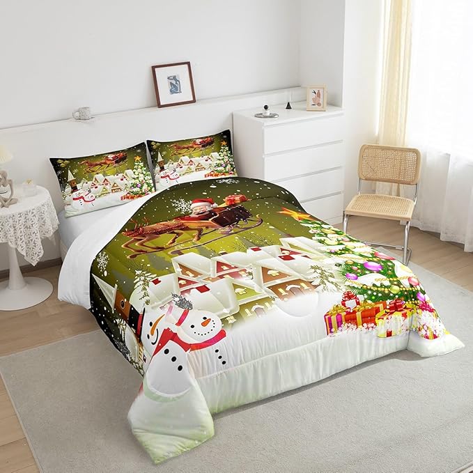 Manfei Christmas Comforter Set Full Size, Xmas Tree Snowman Quilt Set with 2 Pillowcases, Santa Claus with Deer Bedding Set 3pcs for Kids Boys Girls Room Decor New Year Theme Duvet Insert