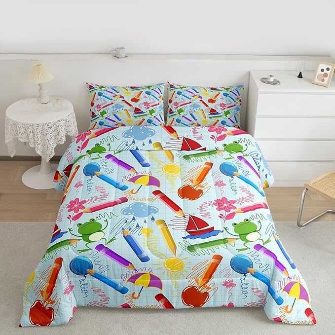 Feelyou Kids Cartoon Pencil Comforter Set King Size, Colorful Nursery Bedding Set Cute Crayon Comforter for Kids Boys Girls Funny Art Printed Duvet Set Durable Bed Set 3Pcs