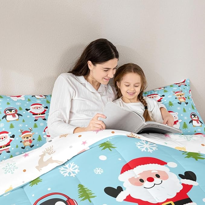 Feelyou Christmas Comforter Set Queen Size Santa Claus Bedding Set for Kids Boys Girls Penguin Deer Duvet Quilt Xmas Snowflake Tree Bedroom Decor Microfiber 3 Pcs with 2 Pillow Cases