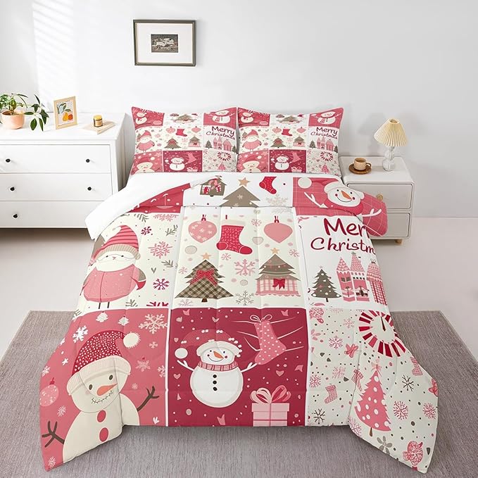 Christmas Tree Comforter Set King Size,Merry Christmas Duvet Insert for Kids Boys Girls Room Decor,Snowman Christmas Tree Snowflake Bedding Set 3Pcs,Cartoon Plaid Patchwork Quilt Set,2 Pillowcases