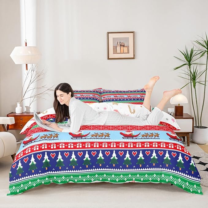 Feelyou Christmas Duvet Cover Cartoon Santa Claus Deer Bedding Set for Kids Boys Girls Teens Room Decor Christmas Tree Comforter Cover Set Exotic Ethnic Pattern Bedspread Cover 3Pcs Zipper Queen Size