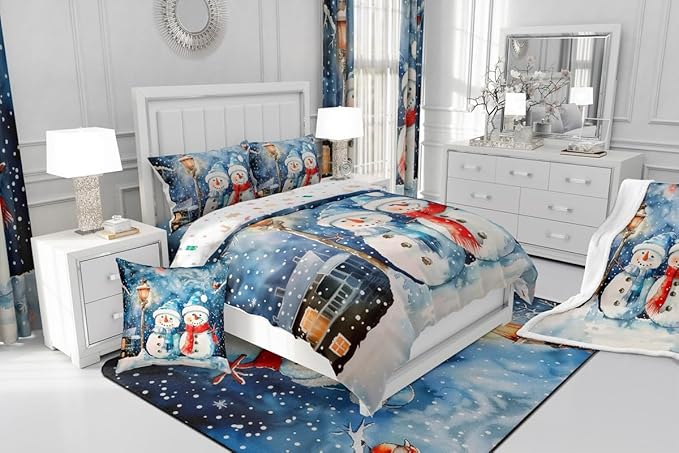 Feelyou Christmas Kids Comforter Set Toddler Size Blue Watercolor Snowman Bedding Set Xmas Winter Duvet Quilt for Kids Boys Girls Bedroom Snowflake Decor Microfiber Ultra Soft Breathable