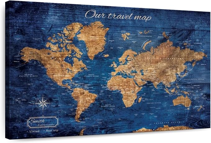 ElephantStock - Personalized Our Travel I Push Pin World Map Wall Art - Horizontal Canvas Wall Art - Living Room Wall Decor - Digital Art Map Canvas Art - Brown And Blue Decor - 51" x 34"