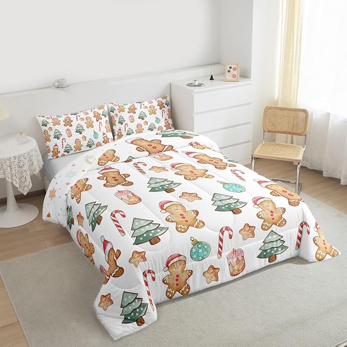 Feelyou Pink Gingerbread Comforter Set King Size Christmas Bedding Set for Kids Boys Girls Candy Cane Duvet Quilt Xmas Bedroom Decor Microfiber 3 Pcs with 2 Pillow Cases