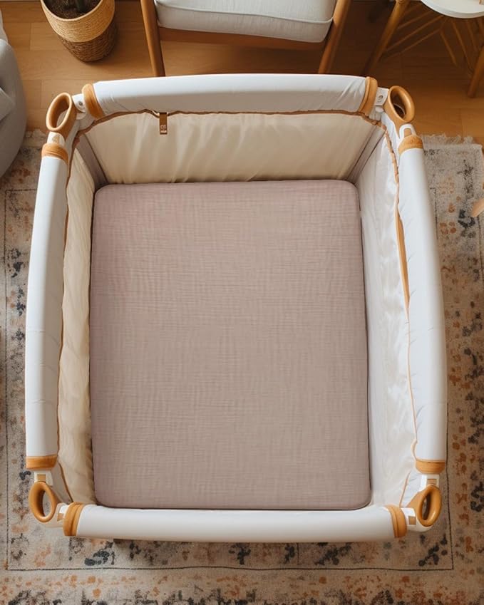 Pack and Play Sheets for Baby Boy and Girl 2 Pack, Neutral Muslin Cotton Pack N Play Mattresses Sheet 27"x39", Muslin Nursery Bedding Soft and Breathable Comfort (Beige & Cream)