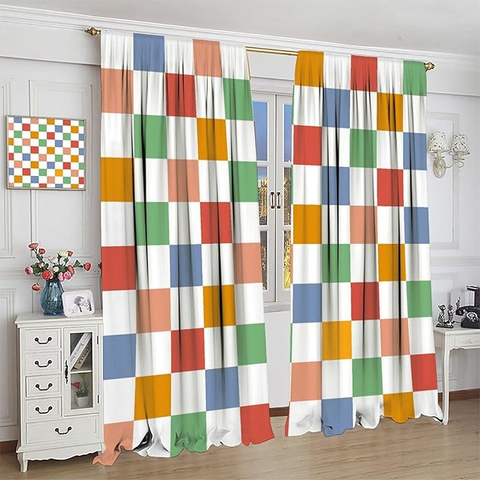 Retro Checkered Curtains,70s Vintage Twisted Checkered Window Drapes Colorful Groovy Trendy Wavy Hippie Grid Print Window Treatments for Kids Girls Bedroom Living Room Bathroom 84" W X 84" L