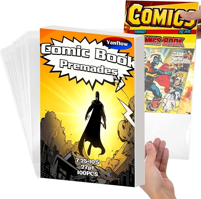 100 Pack Comic Book Bags and Boards Set 7.25x10.5 Inch Self-Sealing Comic Bags and Boards with Archival Boards for Long-Term Storage & Protection