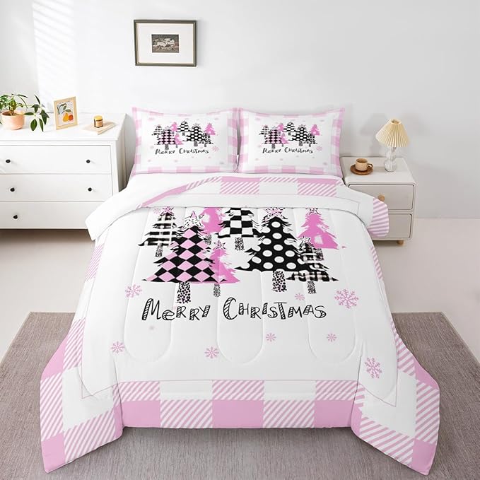 Manfei Xmas Trees Comforter Set Twin Size, Pink Plaid Grid Snowflake Down Comforter with 1 Pillowcase, Christmas Theme Bedding Set 2pcs for Kids Girls Adults Room Decor New Year Duvet Insert