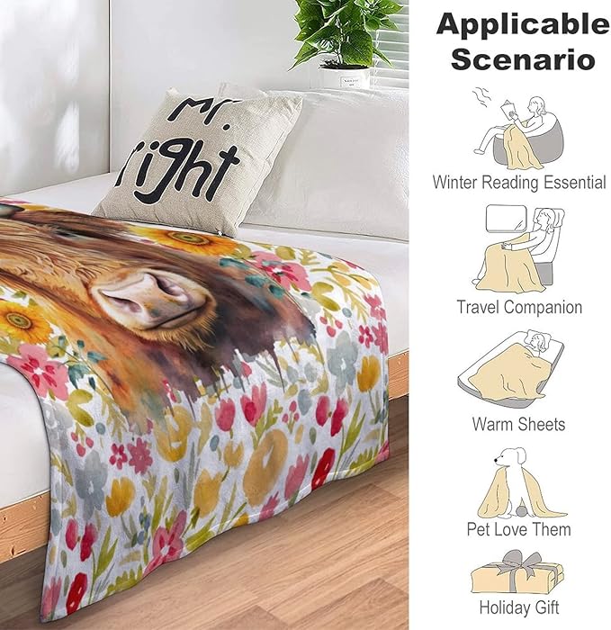 Highland Cow Blanket Gifts - 60x50 Inches Vintage Throw Blanket for Women, Girls - Colorful Soft Fuzzy Blankets for Bed Couch & Travel - Aesthetic Highland Cow Gift Idea