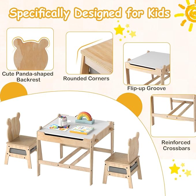 Costzon Kids Table and Chairs, 4 in 1 Wooden Activity Desk Set w/Reversible Whiteboard & Chalkboard, Hidden Storage Space and Drawers for Arts, Crafts, Play, Toddler Table and Chair Set (Bear Shape)