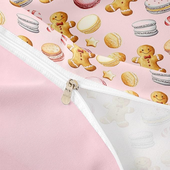 Feelyou Christmas Duvet Cover Full Size Cute Christmas Gingerbread Man Comforter Cover for Boys Girls Xmas Sweet Macarons Bedding Set 3Pcs Reversible Pink Room Decor