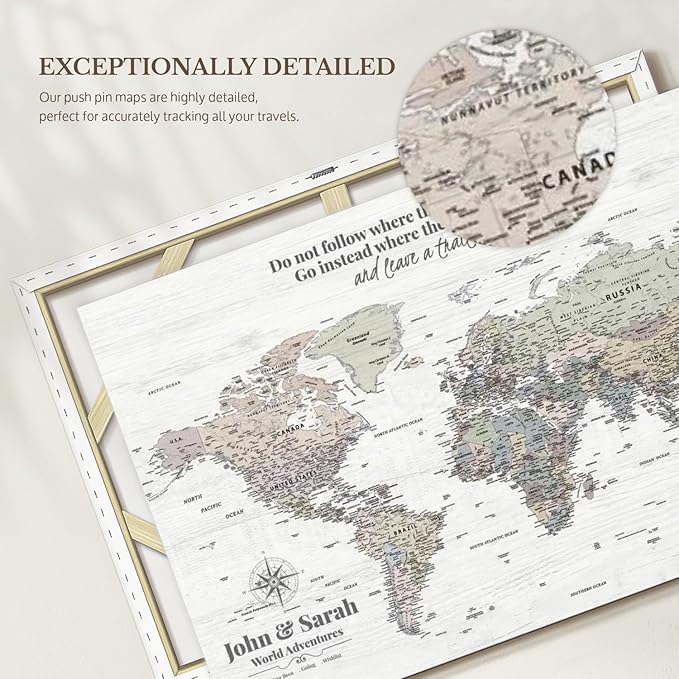 ElephantStock - Personalized Leave A Trail Iii Push Pin World Map Wall Art - Horizontal Canvas Wall Art - Living Room Wall Decor - Digital Art Map Canvas Art - White And Gray Decor - 45" x 30"