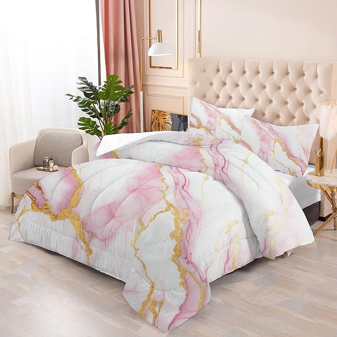 Girls Comforter Set Twin: Pink Marble Twin Bedding Sets for Teen Girls Tween Kids Pink and Gold Glitter Abstract Marbling Pastel Quilt Bed Set 1 Comforter & 1 Pillow Case