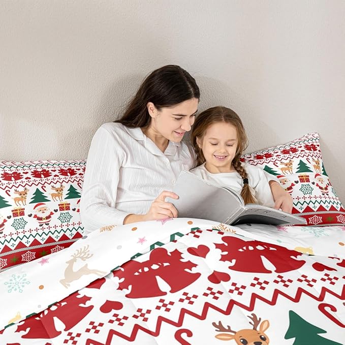 Feelyou Merry Christmas Comforter Set Twin Size Santa Claus Bedding Set for Kids Boys Girls Cute Deer Duvet Quilt Snowflake Bedroom Decor Microfiber 2 Pcs with 1 Pillow Cases
