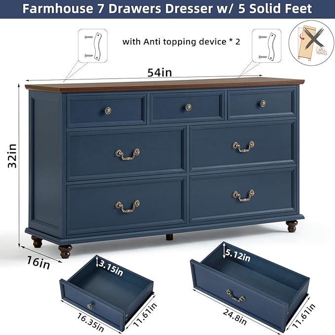 Bedroom Sets, 54" Wide 7 Drawers Dresser and 37" Tall 4 Drawers Dresser, Wooden 2 Piece Bedroom Furniture Set, Chest of Drawer for Bedroom, Home, Living Room, Hallway, Navy Blue