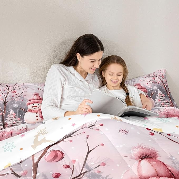 Feelyou Cute Snowman Comforter Set All Season Christmas Tree Bedding Set with 2 Pillow Cases Xmas Snowflake Microfiber Kids King Bedclothes Pink Scarf Bedroom Decor Pink Winter Scene Duvet Quilt