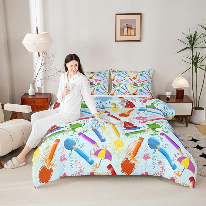 Feelyou Kids Cartoon Pencil Comforter Set Full Size, Colorful Nursery Bedding Set Cute Crayon Comforter for Kids Boys Girls Funny Art Printed Duvet Set Durable Bed Set 3Pcs