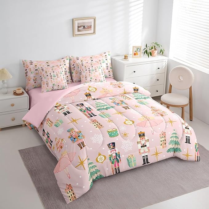 Erosebridal 7Pcs Pink Christmas Comforter Set Full Size,Christmas Nutcracker Bedding Set,Dreamy Castle Princess Bed in A Bag,Xmas Galaxy Snow Quilt with Flat Fitted Sheet for Kids Boys Girls