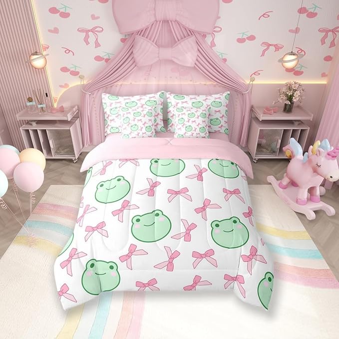 7 Pieces Pink Bowknot Comforter Set Twin,Cartoon Frog Bow Tie Butterfly Knot Princess Bedding Set,Geometric Patchwork Cute Sweet（Comforter+Fitted+Flat Sheet+2 Pillowcases+2 Throw Pillow Covers）