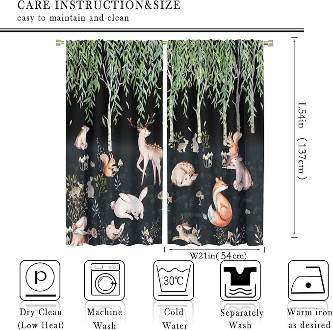 Forest Animal Curtains, Watercolor Cartoon Woodland Plants Animals Bears Moose Mushrooms Printed Curtains for Kids Boys and Girls Bedroom Window Drapes 42x54 Inch