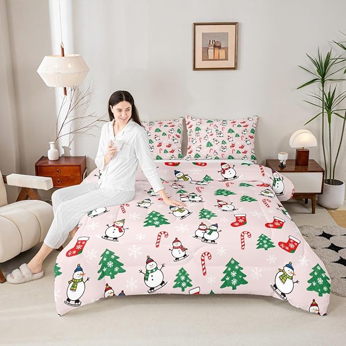 Feelyou Pink Christmas Comforter Set Toddler Size Snowman Bedding Set for Kids Boys Girls Snowflake Duvet Quilt Xmas Tree Bedroom Decor Microfiber 2 Pcs with 1 Pillow Cases
