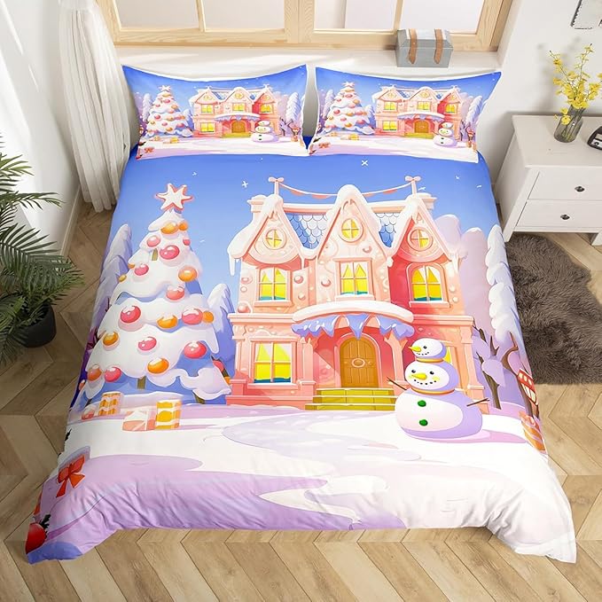 Feelyou Xmas Christmas Comforter Cover Set Christmas House Duvet Cover for Kids Boys Girls Bedroom Bed Decor Christmas Bedding Set Full Size Soft Bedspread Cover,No Comforter