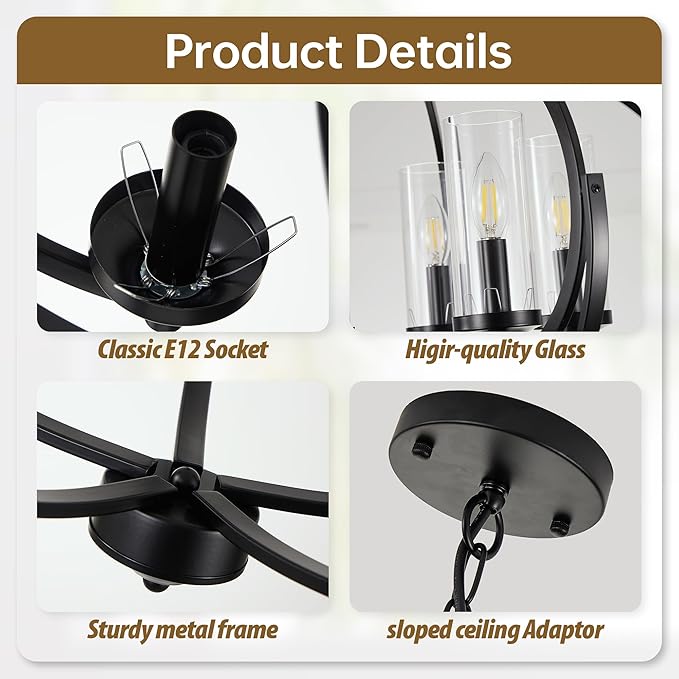 WJShome Farmhouse Black Chandelier for Dining Room, 5-Light Modern Foyer Lighting Fixtures, Adjustable Height Hanging Lantern Pendant Light with Glass Shade, for Kitchen Island Hallway Entryway