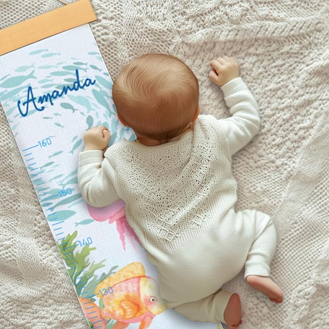 Personalized Name Growth Chart Wall Decor for Kids – Canvas Removable Height Chart Measuring Ruler 59" x 7.9" (Paint Marine Animals)