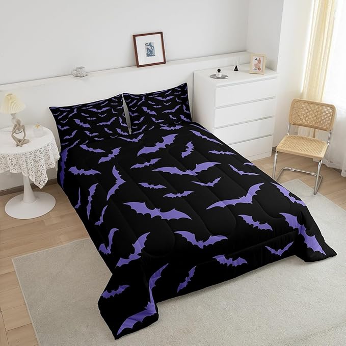 Erosebridal Happy Halloween Comforter Set with 2 Pillow Cases Dark Purple Gothic Bats Quilt King Size for Kids Boys Black Spooky Cartoon Gothic Bedding Set