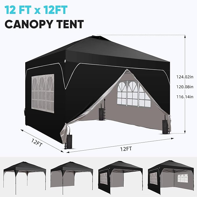 GDY 12x12FT Pop Up Canopy Tent with One Push Setup, Easy to Install with 4-Sidewalls for Events, Parties, Camping, Outdoor Gazebo with 4-Sandbags, Black.