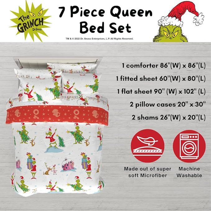 Grinch by Dr. Seuss Holiday & Christmas Bedding Super Soft Comforter and Sheet Set with Sham, 7 Piece Queen Size (Official Dr. Seuss Product) by Franco