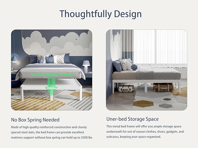 White Bed Frame Queen Size 12 Inch, Metal Queen Bed Frame No Box Spring Needed, Heavy Duty Steel Support 3500 LBS, DIY Headboard, Noiseless, Round Corner Legs, Storage Space, Easy Assembly