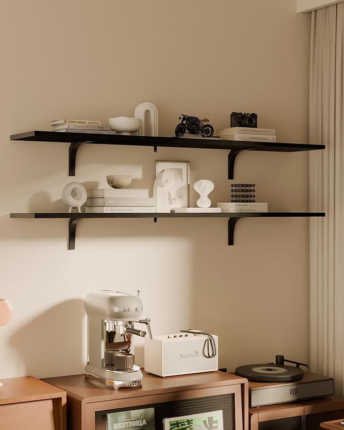 12x60 Inch Rustic Wood Floating Shelves 2-Pack - Farmhouse Black Wall Shelves with 100 lbs Capacity, Easy Installation for Living Room, Kitchen, Bathroom (Black, 2T60IN)