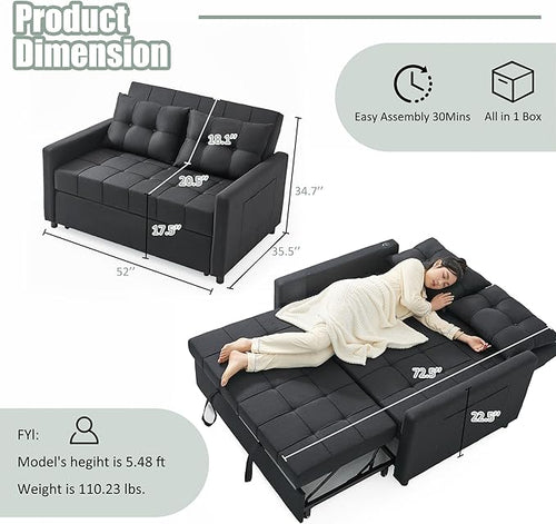 52" Sleeper Sofa with Pull-Out Bed, 3-in-1 Convertible Sofa Bed, Loveseat with Stepless Adjustable Backrest and Side Pocket, for Living Room Dorm Apartment, Linen, Black