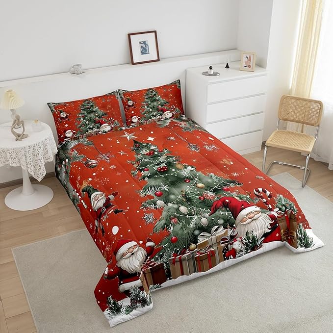 Christmas Theme Comforter Set Queen Size,Snowflake Christmas Tree Bedding Set for Kids Teens Adults Room Decor,Santa Claus Red Duvet Insert 3Pcs,X'mas Star Polka Dot Glitter Quilt Set,2 Pillowcases